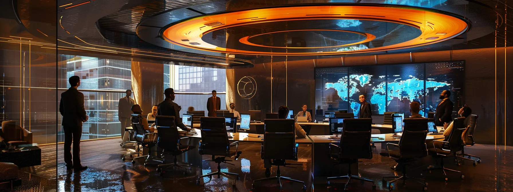a dynamic office scene captures a diverse team engaged in a vigorous brainstorming session around a sleek conference table, illuminated by modern overhead lighting and vibrant digital displays highlighting innovative ideas.
