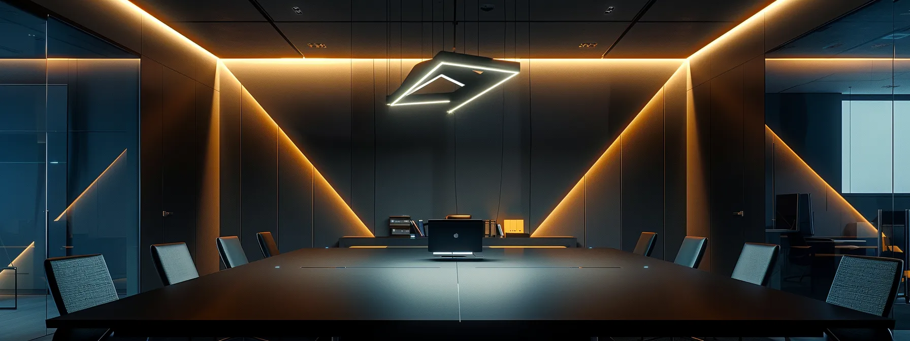 a modern office workspace featuring a sleek conference table surrounded by high-tech gadgets, illuminated by striking overhead lighting that casts geometric shadows across the minimalist decor.