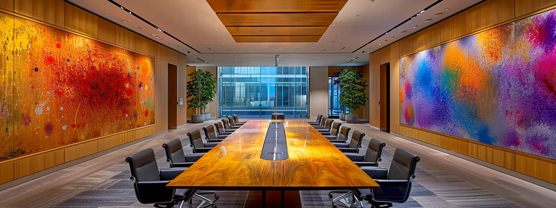a modern, sleek office space showcases a large, illuminated conference table surrounded by vibrant abstract art, emphasizing a collaborative and innovative business environment.