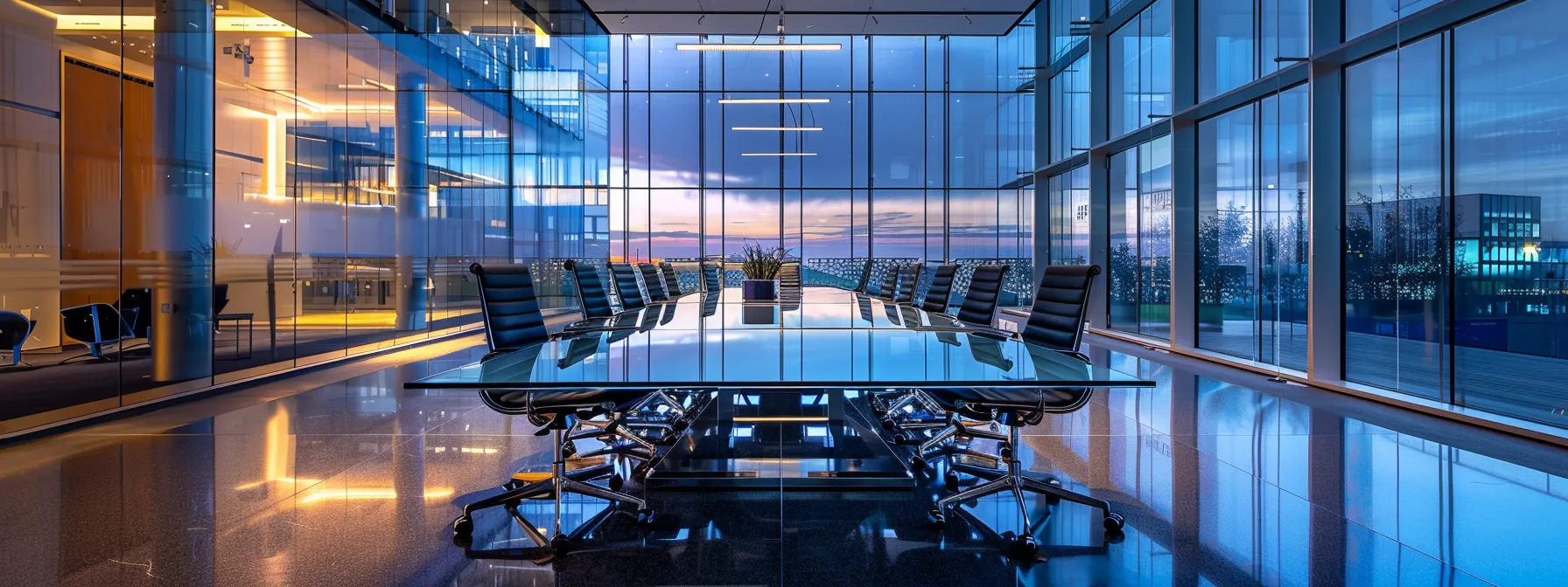 a sleek, modern office space features a large glass conference table, surrounded by high-backed chairs and illuminated by dynamic led lighting, conveying an atmosphere of innovation and collaboration.