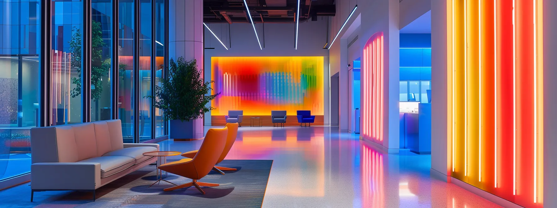 an elegant, modern office space with sleek furnishings and vibrant artwork, illuminated by dynamic, multicolored led lights, conveys a sense of innovation and creativity in the workplace.